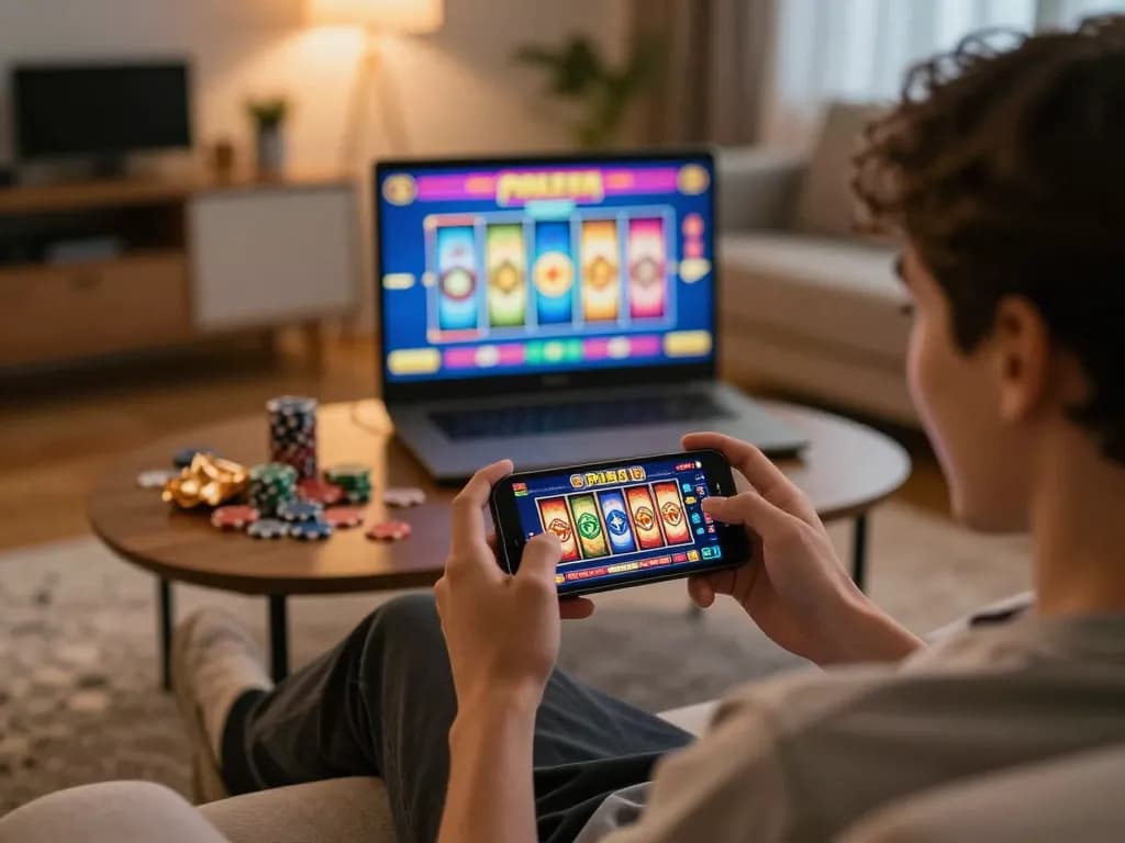 Playing slot pulsa on smartphone in a cozy living room, showcasing an engaging online gaming experience