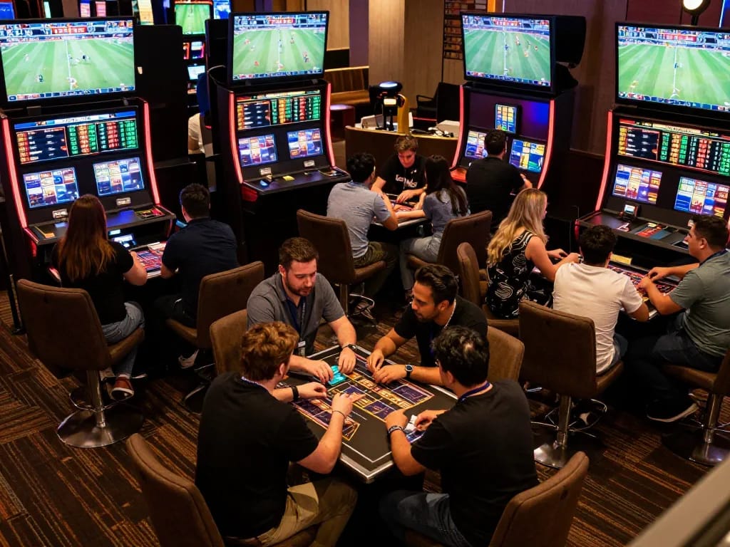 Exciting moment of placing bets on sports events at uu88 vom casino, with screens showing live matches and enthusiastic players.