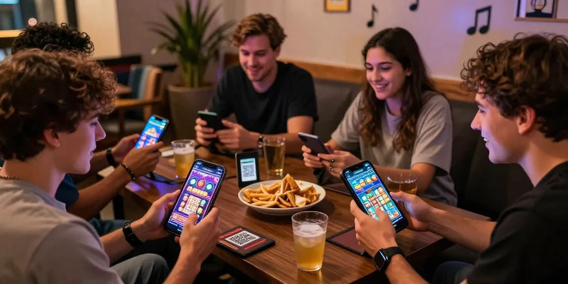Players enjoying slot depo 1000 games with mobile devices in energetic gaming lounge.