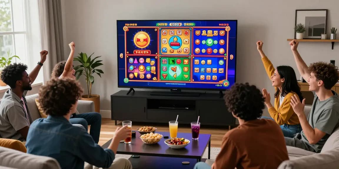 Friends playing lively slot modal 5k games in cozy living room, enjoying snacks and drinks.