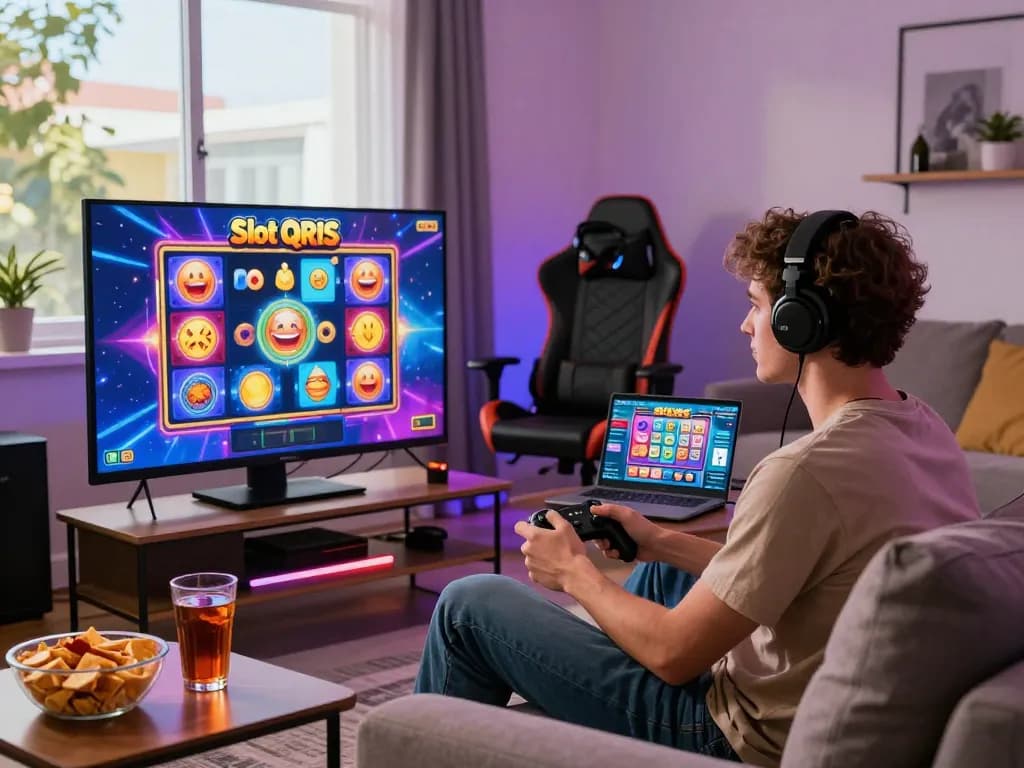 Engaging gamer focused on Slot QRIS game, lively living room environment with snacks and vibrant lights.