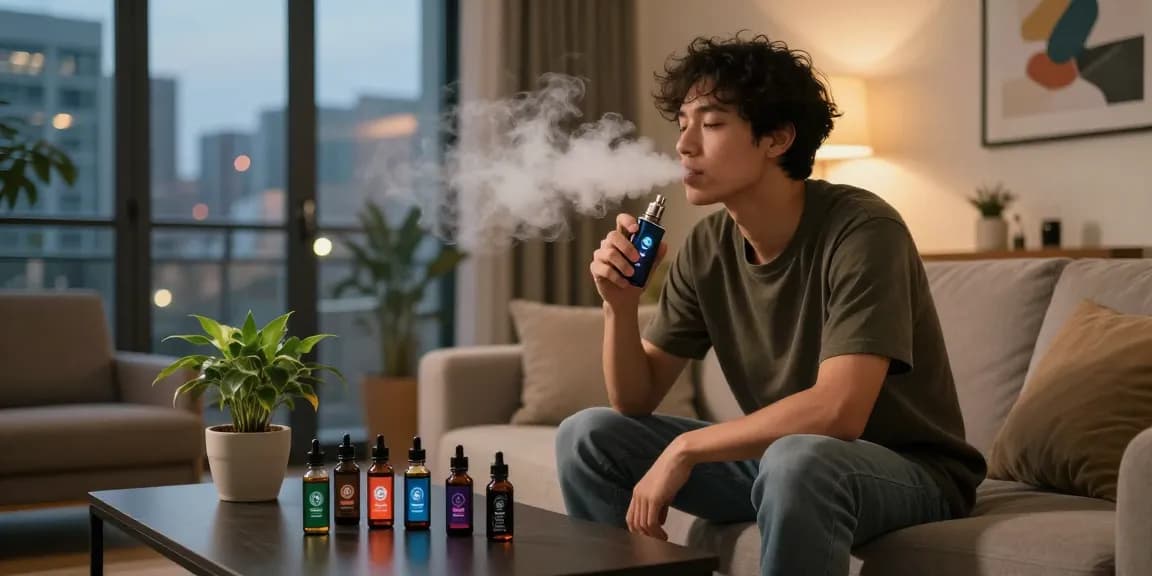 Vaping enthusiast enjoying 電子煙油 in a cozy urban apartment with city views.