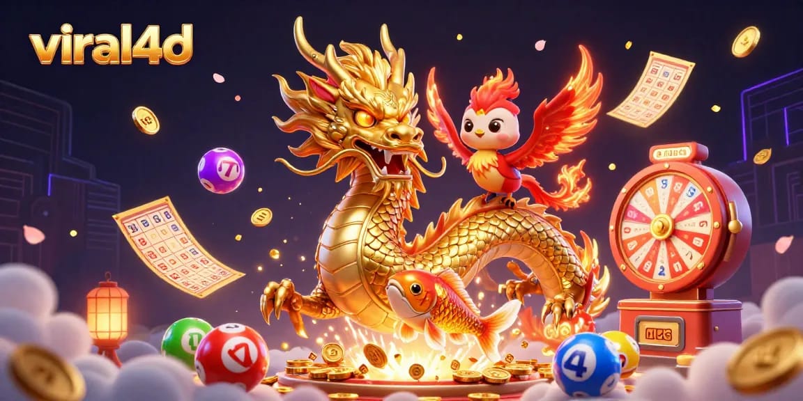 Experience the excitement of viral4d gaming with a dazzling 3D illustration of dragons and coins.