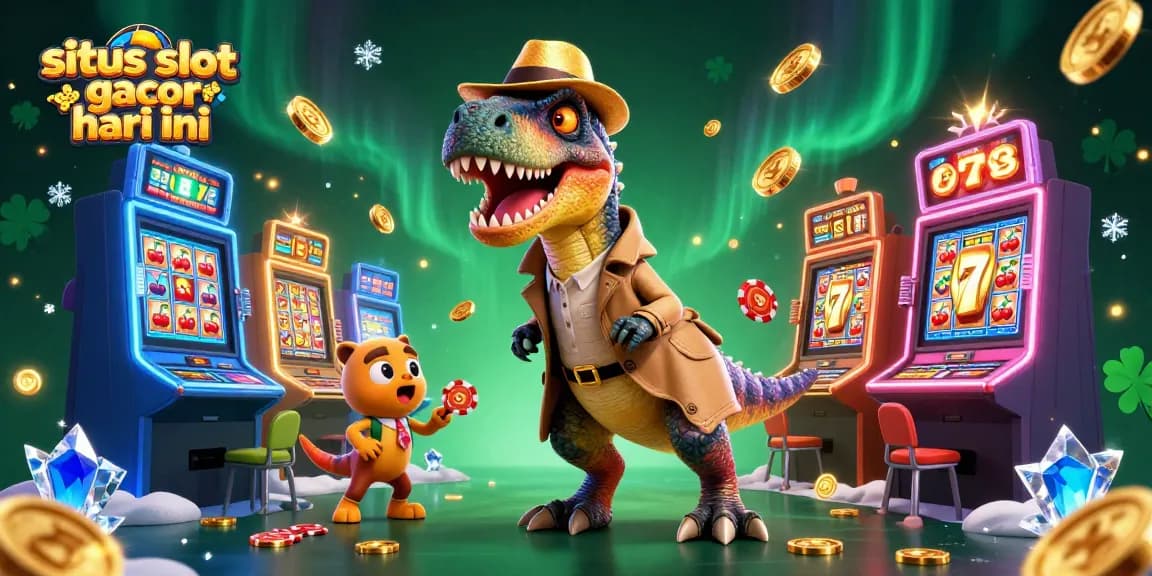 Bermain di situs slot gacor hari ini dengan karakter dinosaurus lucu di meja judi dan suasana ceria.