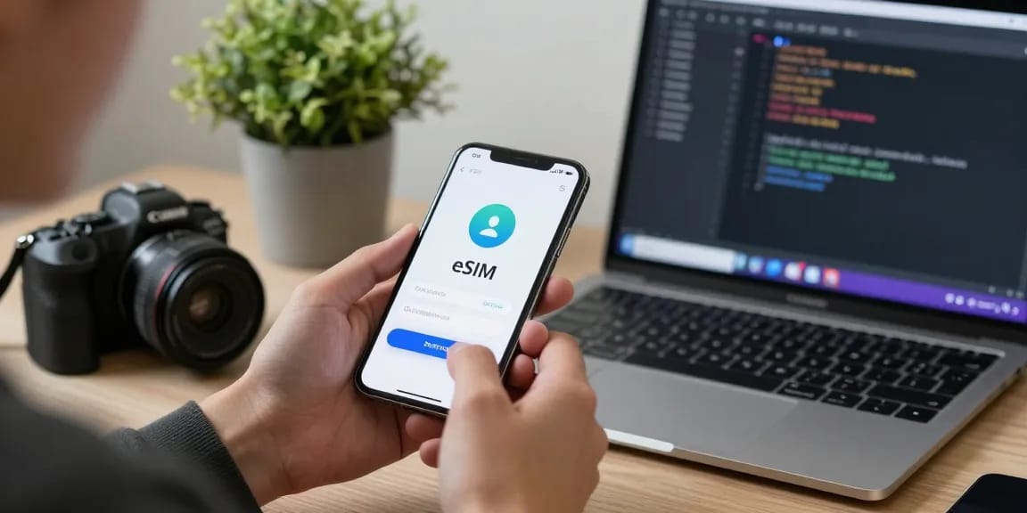 На экране смартфона показан процесс активации eSIM, отражающий разницу между eSIM и обычной SIM-картой.