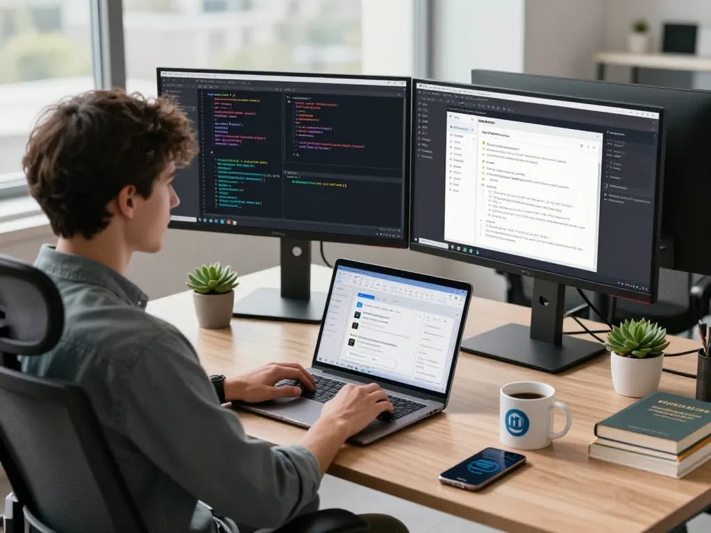 Moltbot AI showcased in a modern tech workspace with coding and productivity tools