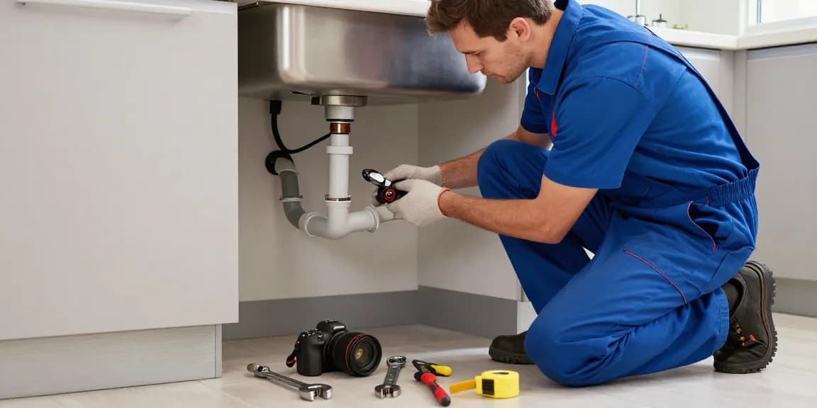 Plumber from dianneprice.com fixing a kitchen sink leak with tools and natural light.