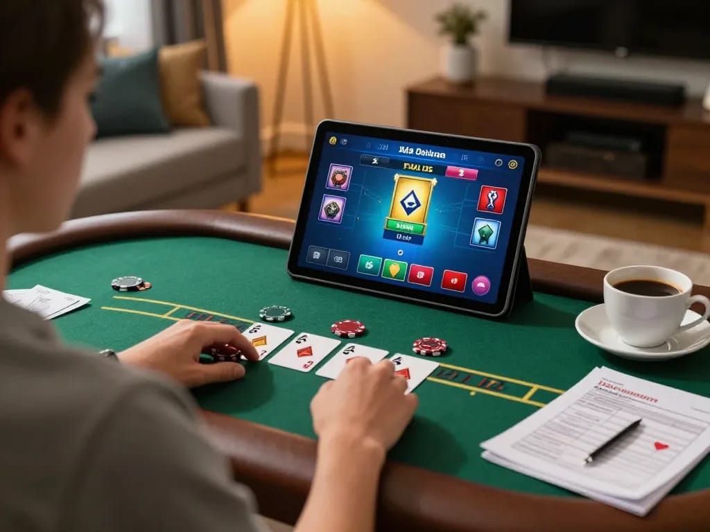 Engaging in rikvip online blackjack on a tablet, enhancing gaming experience at home.
