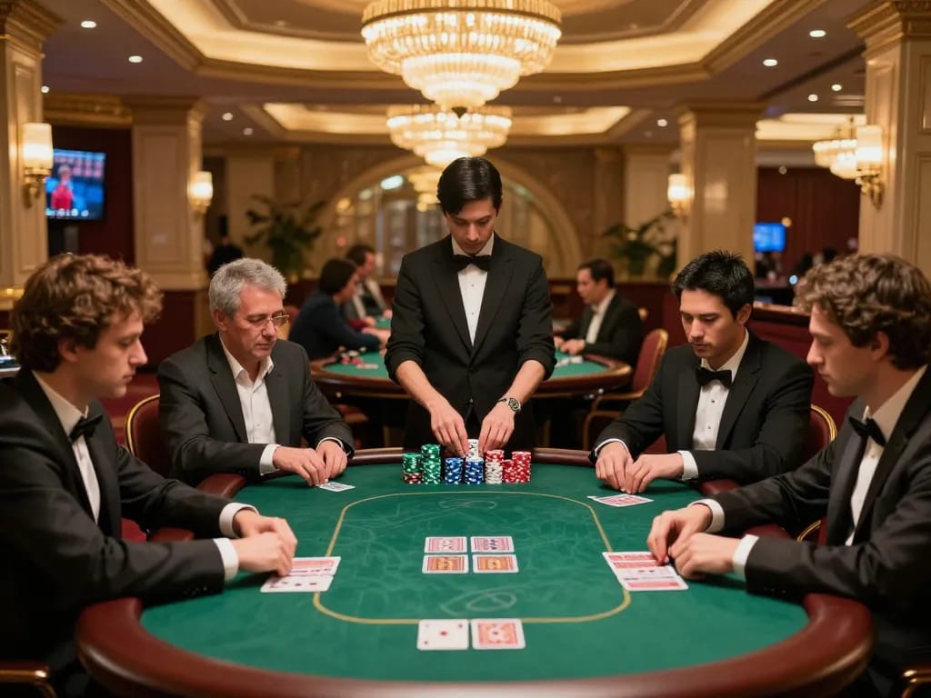 Players engage in intense poker gameplay at XX88 tables in upscale casino.