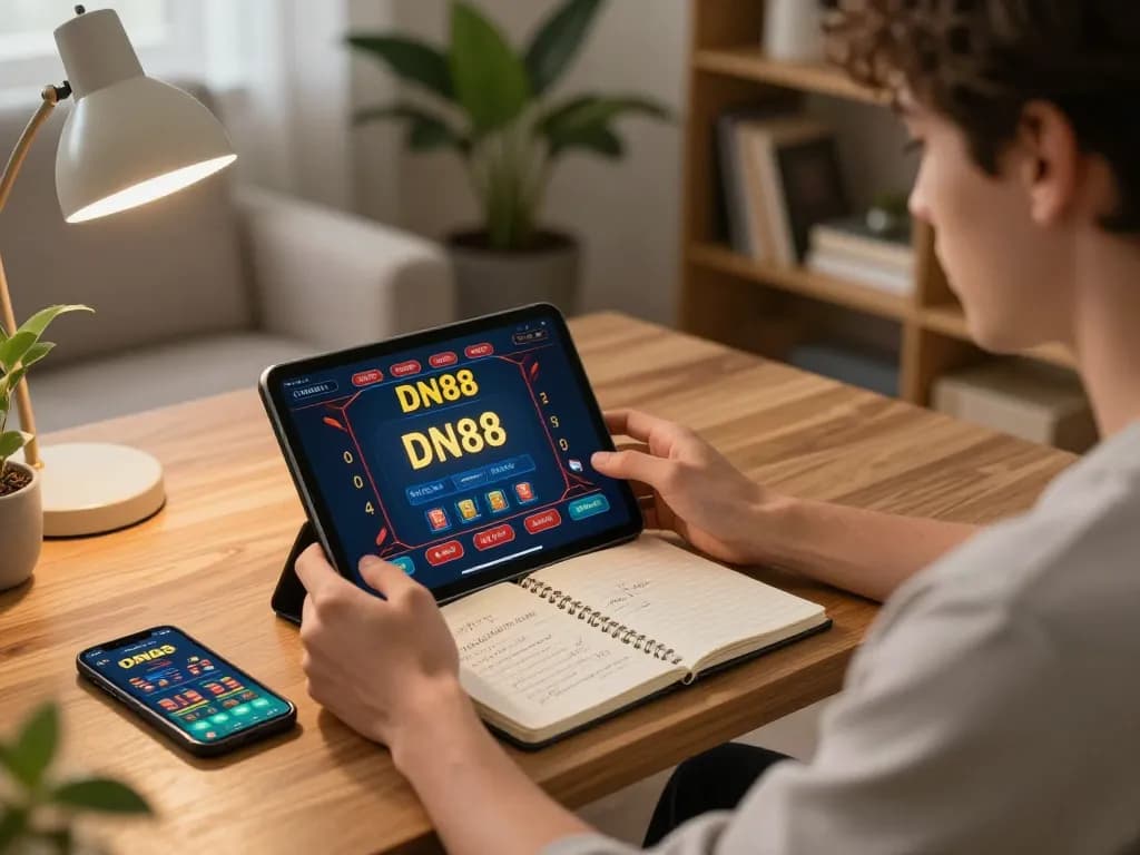 Player engaged in exciting online gaming at DN88 on a tablet, showcasing strategic notes and mobile app.