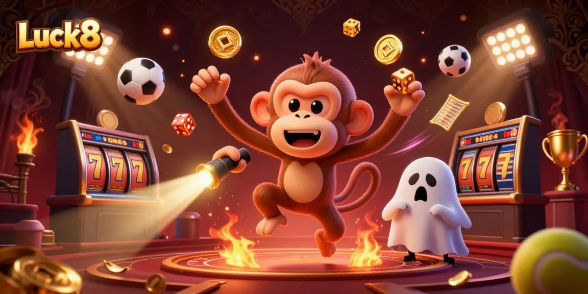 Engage in thrilling gameplay as Luck8 casino unfolds with vibrant characters and gold elements.
