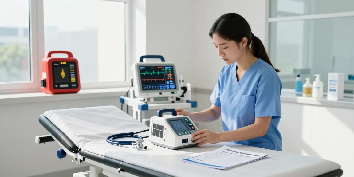 Examining defibrillator cost in a modern medical facility with healthcare professional and equipment.