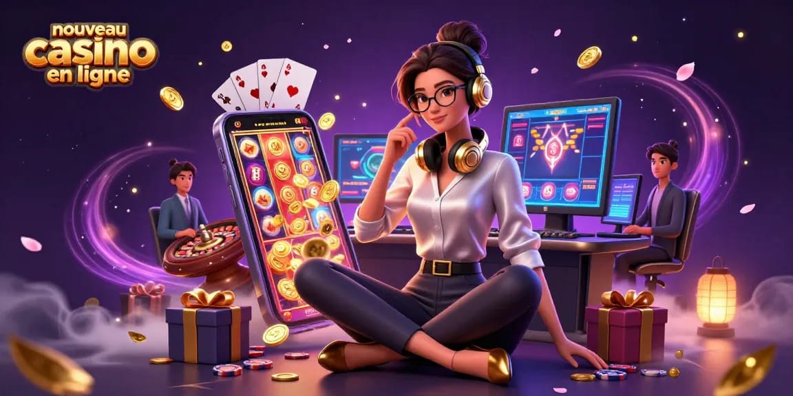 Nouvelle illustration de casino en ligne vibrant présentant une femme élégante jouant avec des éléments de machines à sous et de cartes.