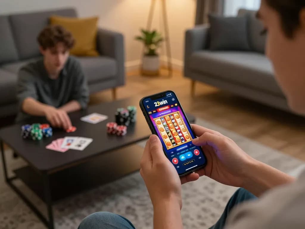 Experience thrilling gameplay on the 23win app, showcasing exciting slot action in a cozy home setting