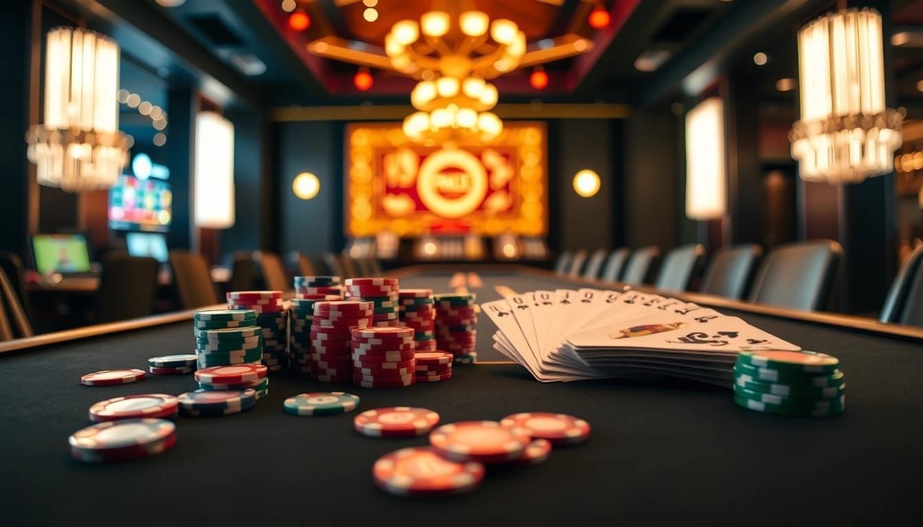 Permainan meja kasino bbni4d dengan kartu dan chip berwarna-warni yang menarik.