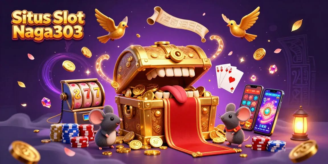 Situs Slot Naga303 showcases a vibrant 3D casino scene filled with lucky spins and golden treasures.