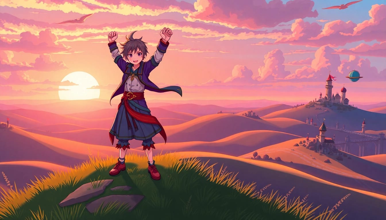Engaging character from the yono game illustrates triumph in a magical landscape.