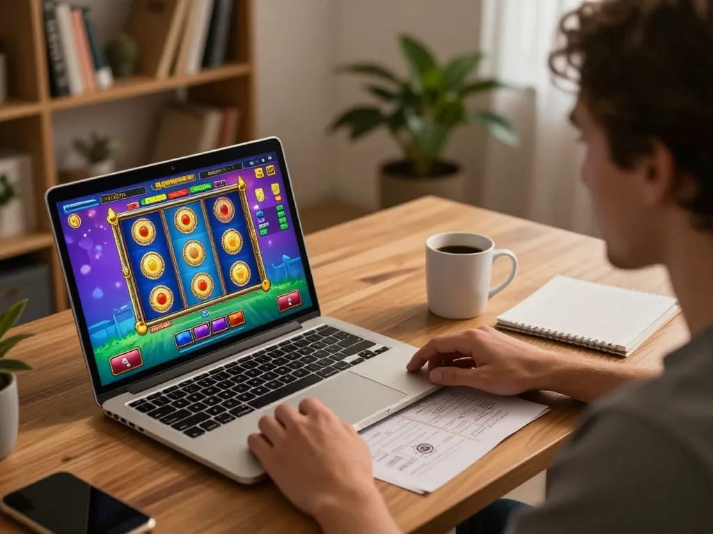 Enjoying an exciting game session at nhà cái 98win with a laptop and strategic planning notes.