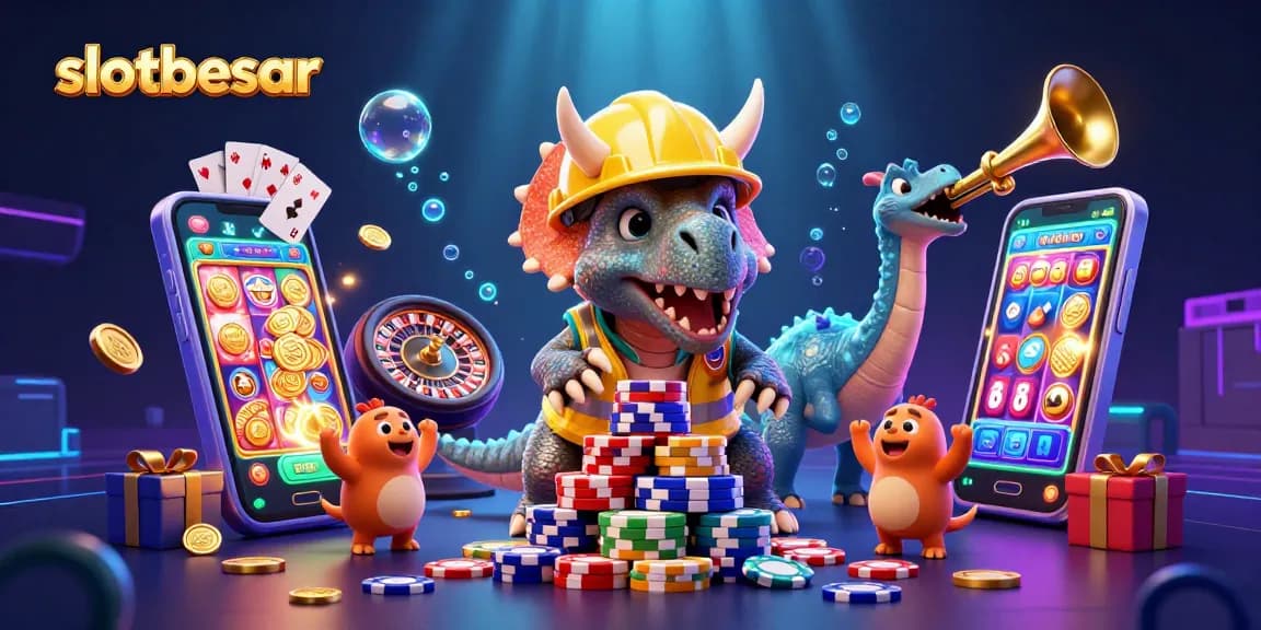 Engage with slotbesar through a vibrant scene featuring a triceratops and a parasaurolophus amid casino excitement.