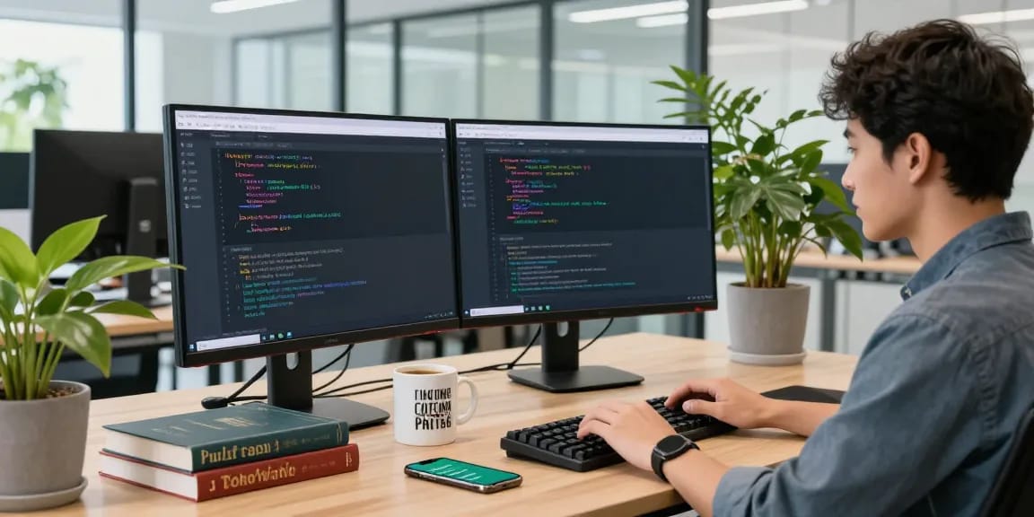 Developer engaging with WhatsApp網頁版 in a modern workspace environment.