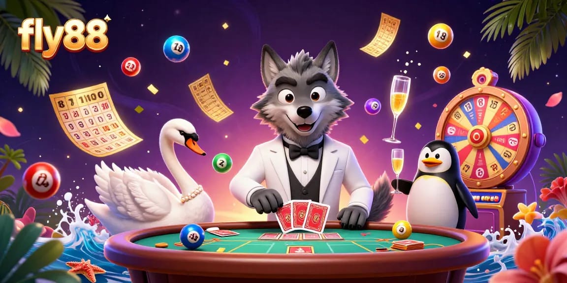 Experience thrilling play at fly88 with animated characters and vibrant casino elements.