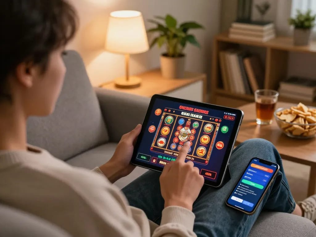 Engaging with online casinos in Canada through an app on a cozy home setup.