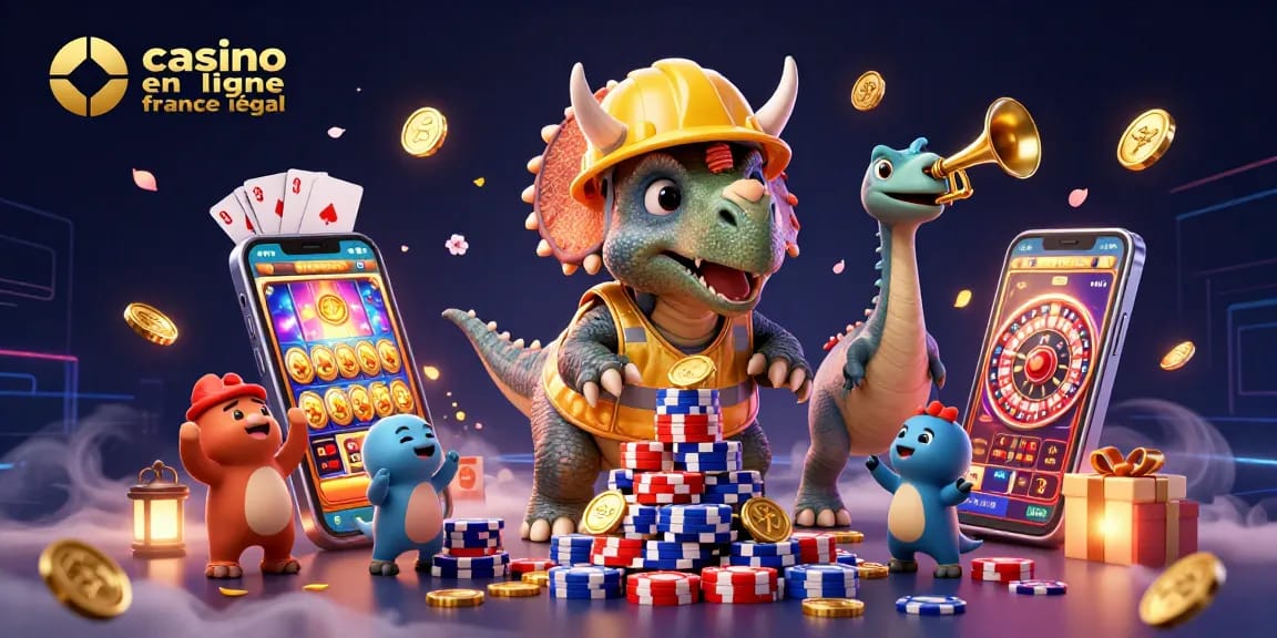 Casino en ligne en France légal : illustration dynamique d'un triceratops construisant un empire de jetons de poker.