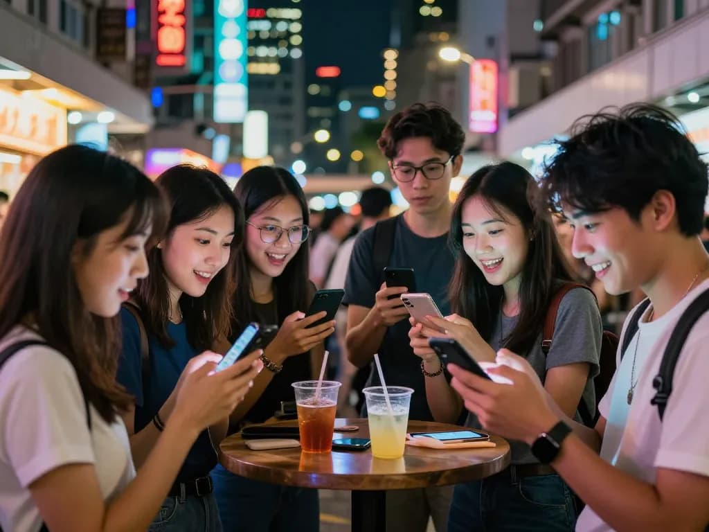 Friends checking HK Malam Ini lottery results in vibrant urban setting, illuminated by neon lights.