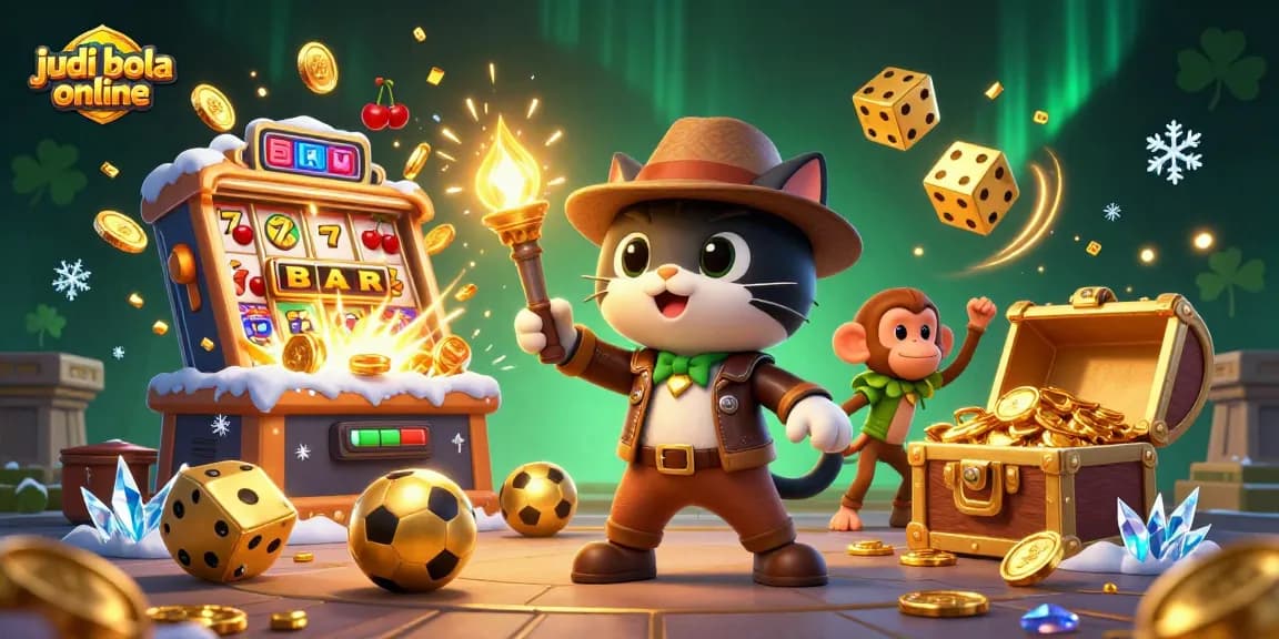 Experience judi bola online excitement with a cartoon archaeologist cat and dynamic casino elements.