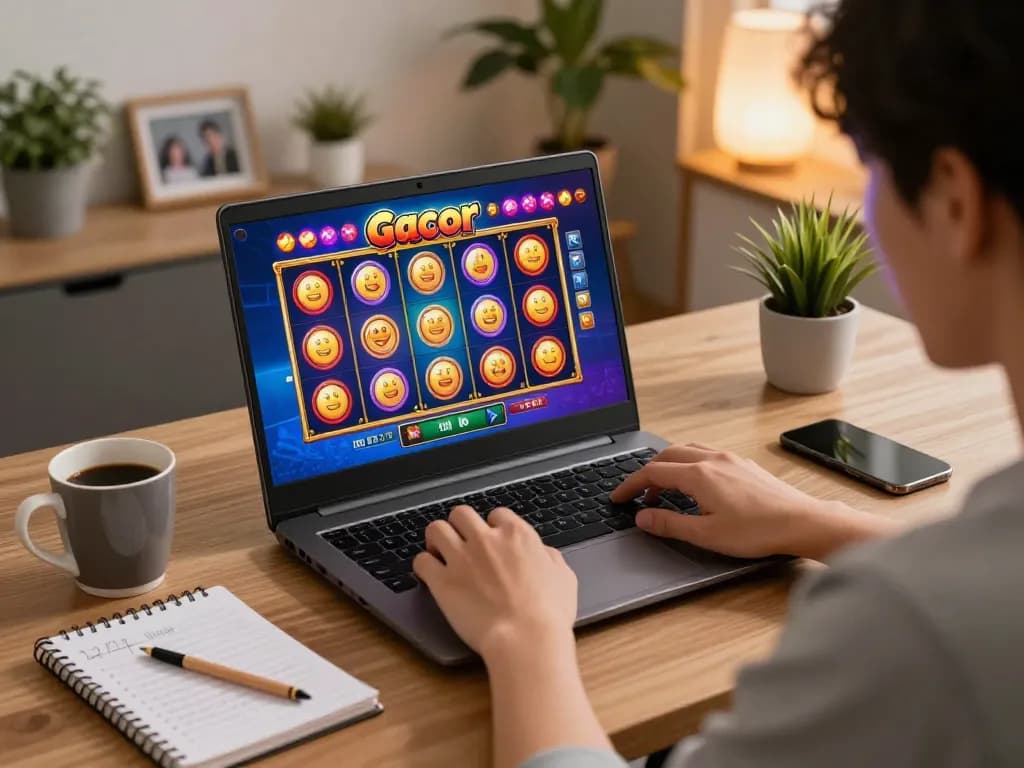 Playing slot gacor on laptop while strategy notes and drink beside in cozy home office