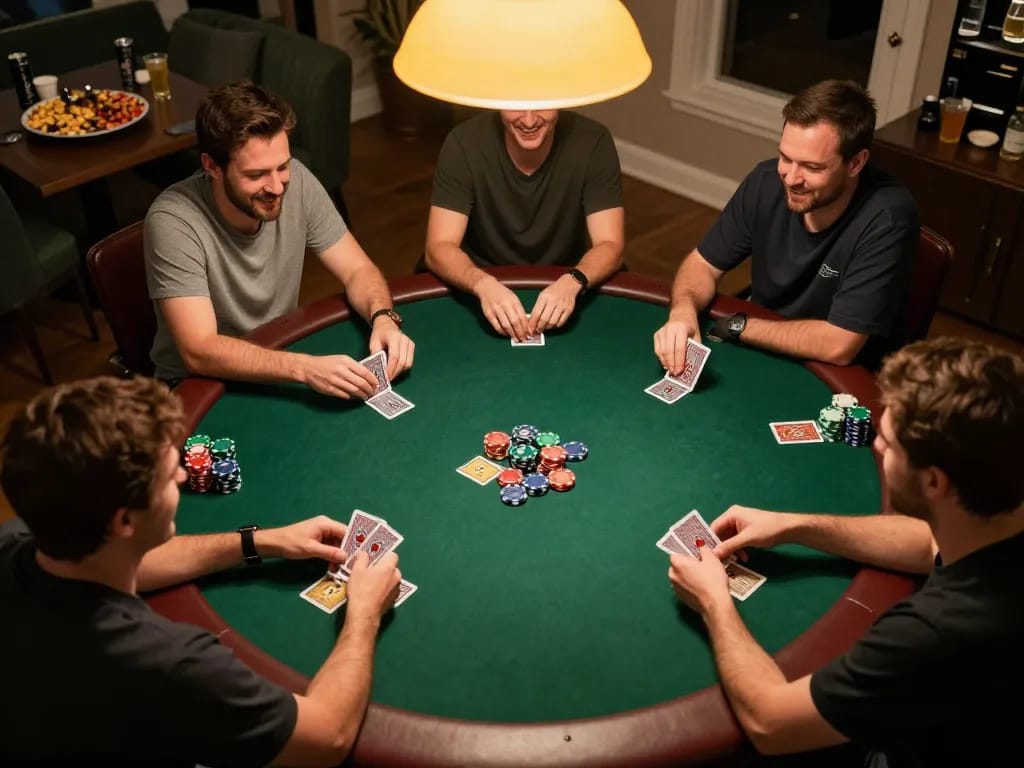 Players enjoying a thrilling poker game at home, showcasing tg88 strategic gameplay, laughter, and snacks.