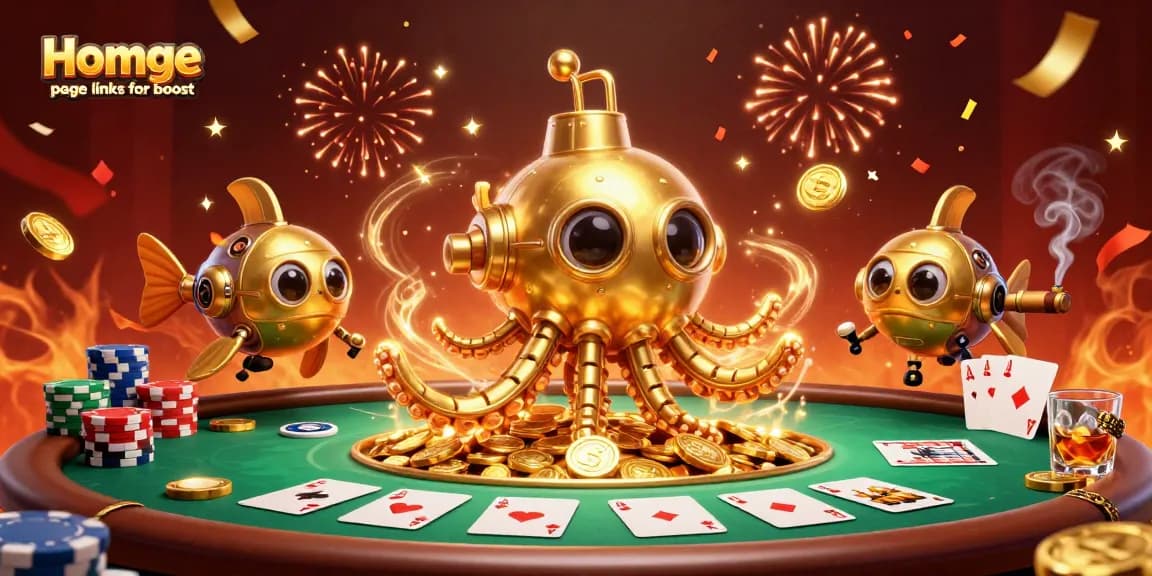 Engage with Homge page links for boost through a vibrant casino scene featuring a golden kraken and poker elements.