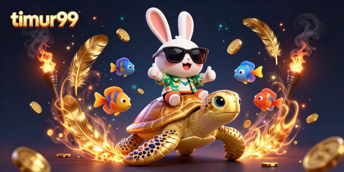 Join the fun at timur99 with a lucky rabbit and golden turtle in a vibrant casino scene.
