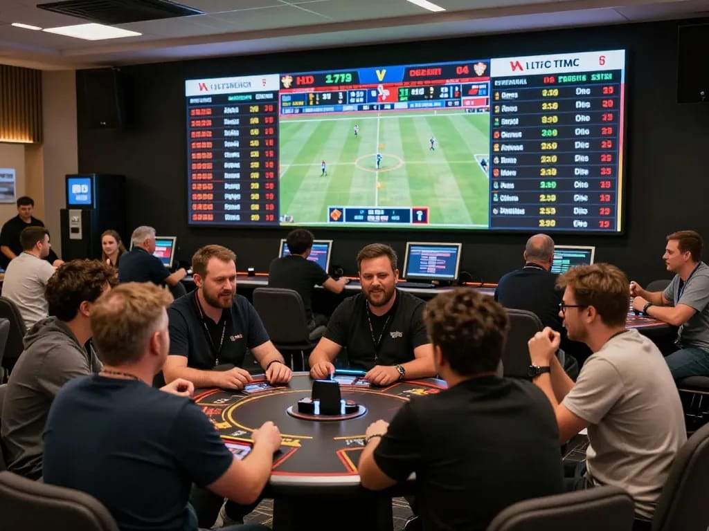 Engaged bettors placing wagers in a lively sports betting scene at O8
