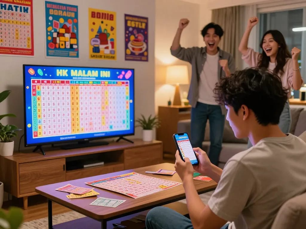 Enthusiast checking HK Malam Ini lottery results in lively living room.