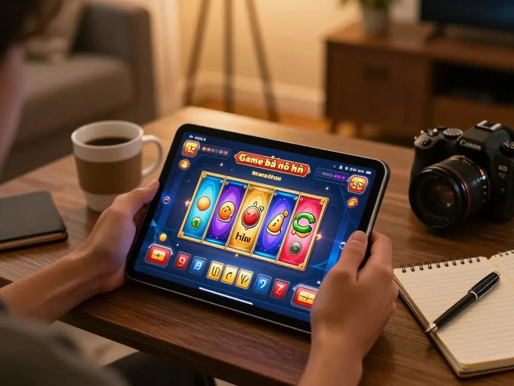 Player enjoying Game bài nổ hũ on tablet, surrounded by cozy home decor and gaming notes.