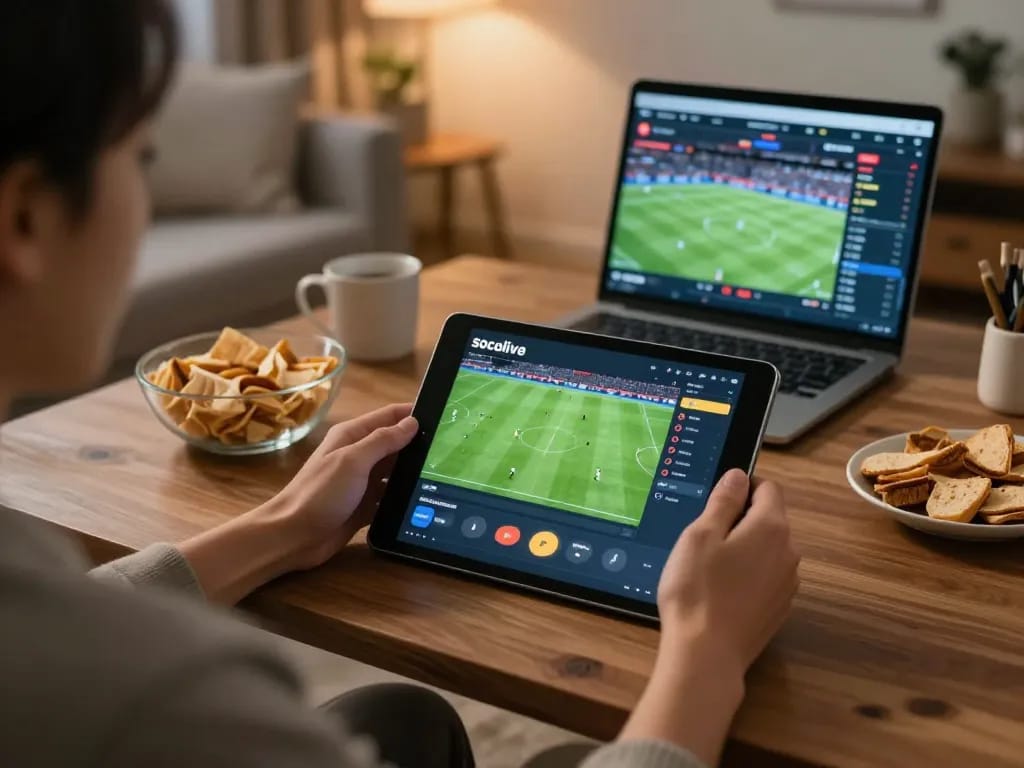 Socolive user engaged in online soccer betting at home with tablet interface displayed