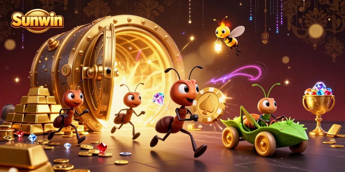 Sunwin's dynamic escape with cartoon ants carrying a giant poker chip among treasures