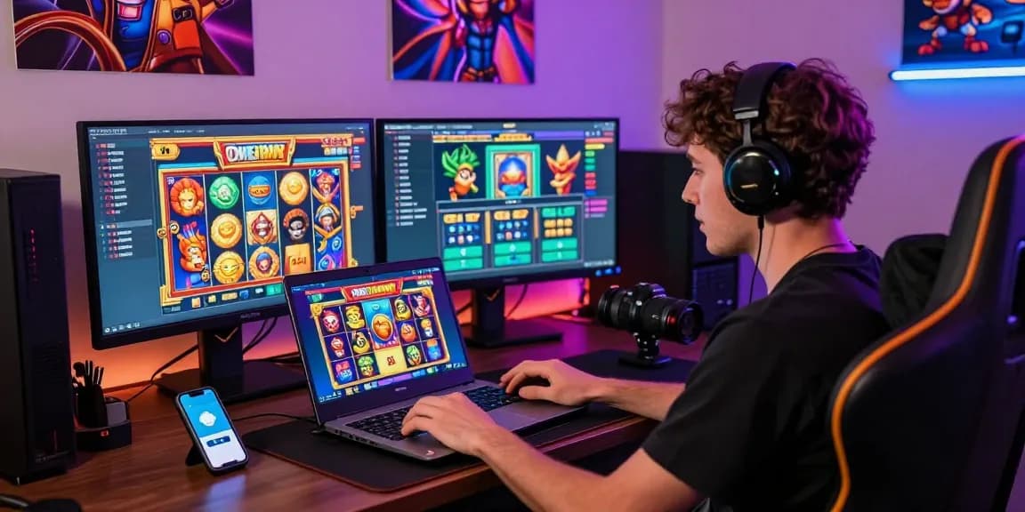 Exciting slot game experience with player engaged in slot deposit 5k action, vibrant gaming setup with dynamic screens and energetic lighting.