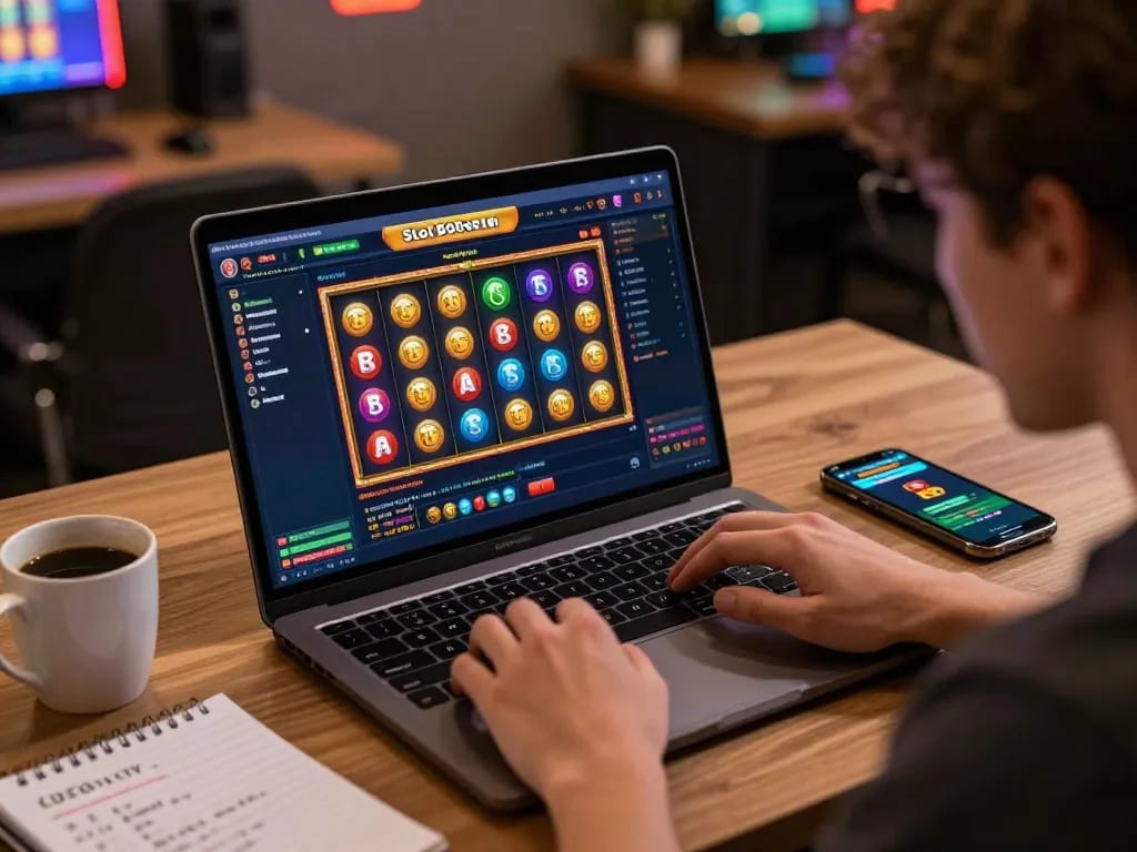 Person enjoying online Slot Gacor Dewagg gaming, focused on screen with vibrant slots in action.