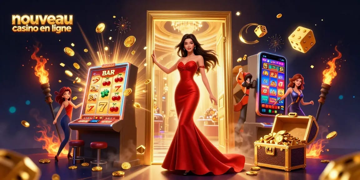 Nouveau casino en ligne mettant en avant une élégante femme asiatique dans l'entrée d'un casino luxueux au milieu d'éléments de jeu dynamiques.