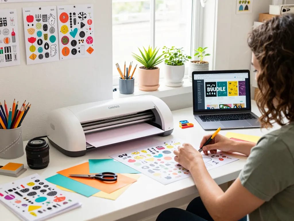 Cricut SVG bundle workspace with colorful designs, craft supplies, and a cutting machine for creative projects.