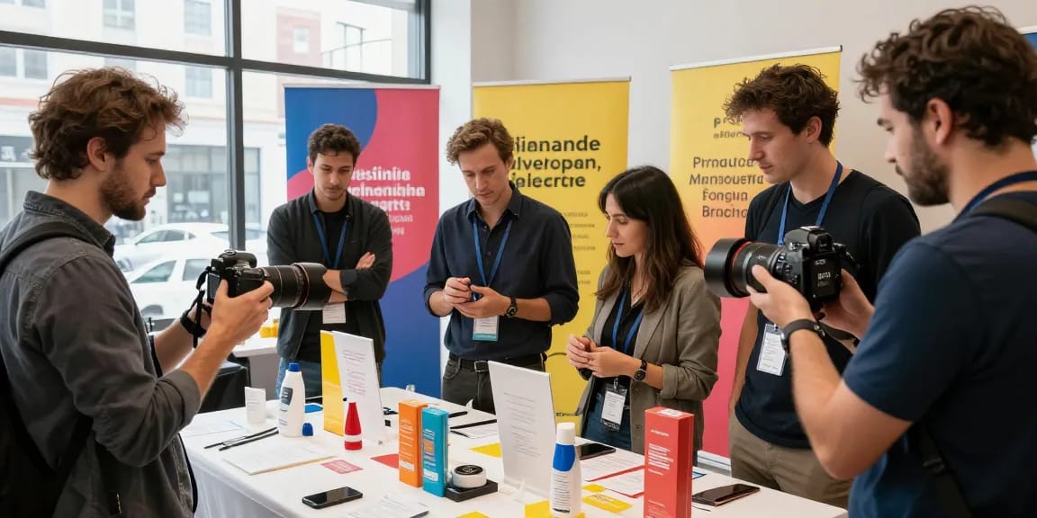 Fotografo Commerciale che cattura immagini di un evento aziendale con prodotti e clienti
