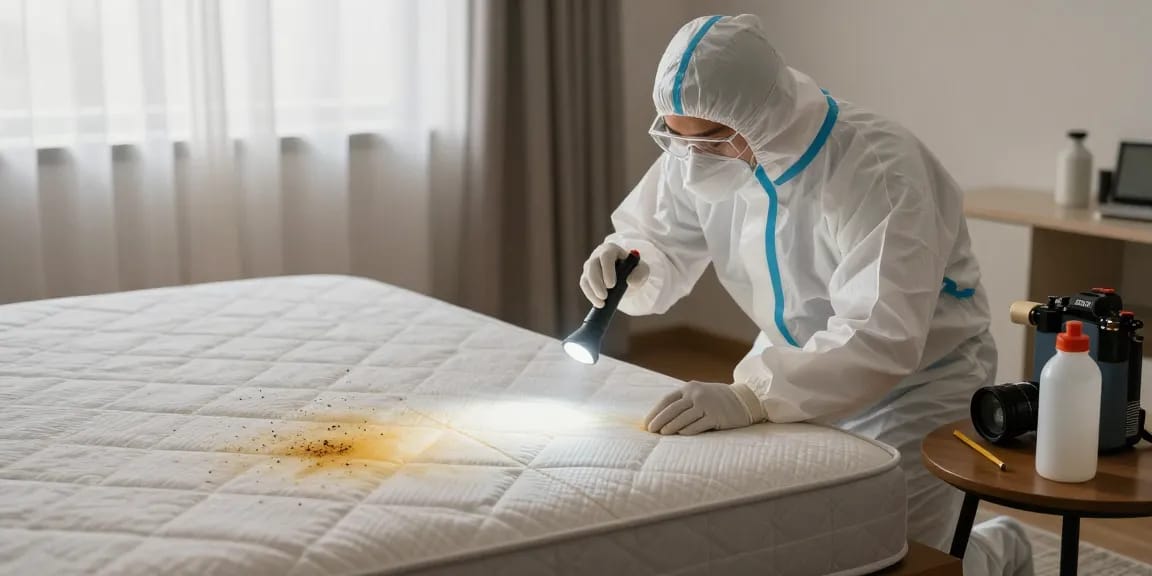 Bed bug treatment process in a bedroom with a professional inspecting for pests.