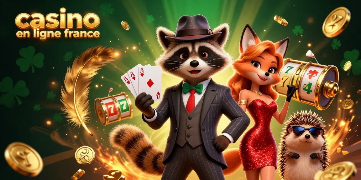 Vivez une expérience de jeu palpitante au casino en ligne France avec un raton laveur tenant une quinte flush royale parmi des pièces d'or.
