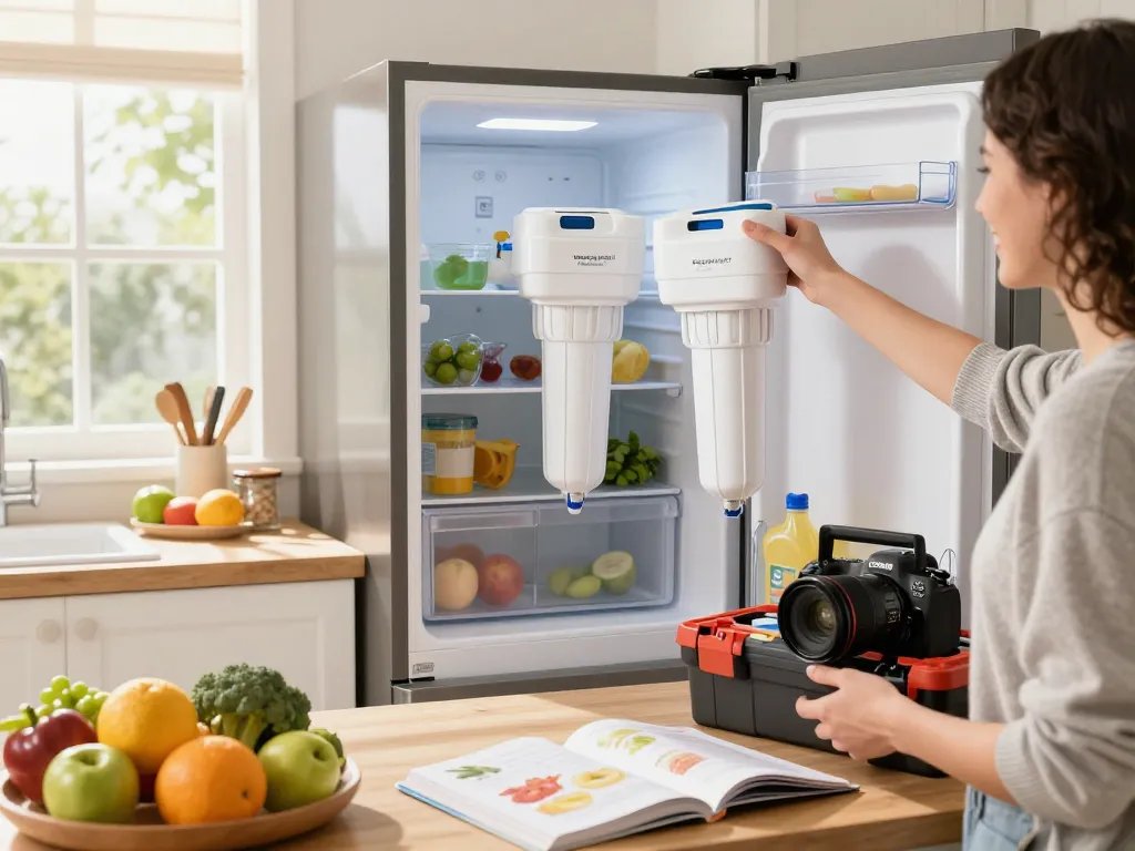 Person using Waterspecialist Replacement for GE® RPWFE® in a bright kitchen for clean water.