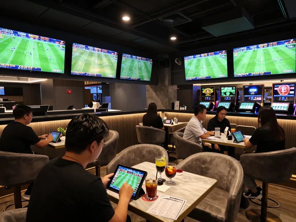 Engaged bettors analyzing sports stats at keonhacaii88's modern lounge, live odds displayed.