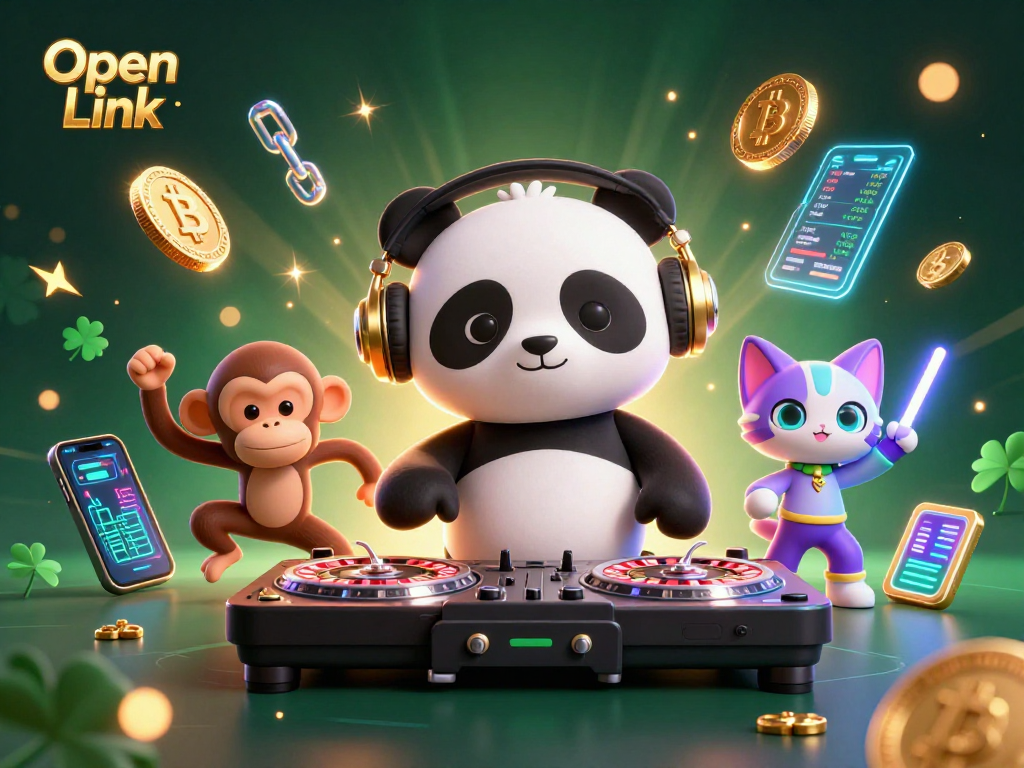 Engage in thrilling gambling experiences with Open Link, featuring lively casino characters in a vibrant digital scene.