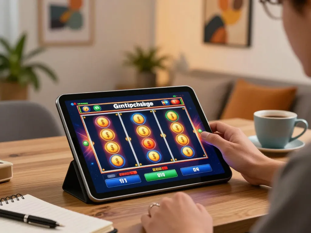 Engaging scene of slots not on Gamstop in action on a tablet, illustrating dynamic gameplay in a cozy environment.