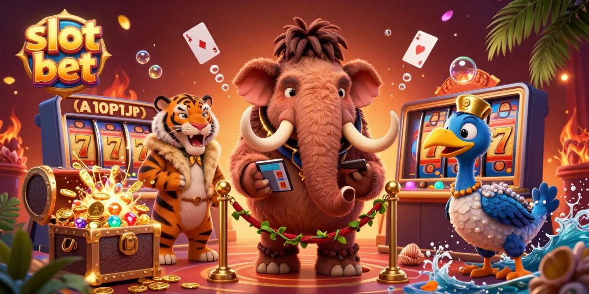 Slot bet dengan karakter menarik di kasino, termasuk mamut dan harimau, dikelilingi harta karun dan simbol slot